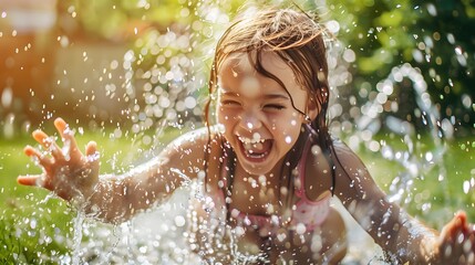 Obraz premium Funny laughing little girl running though garden sprinkler playing with water splashes in the backyard on a sunny hot summer vacation day. 
