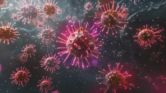 bunch of viruses are floating in the air. The viruses are brown and have a fuzzy appearance, Group of virus cells. 3D illustration, Coronavirus cells