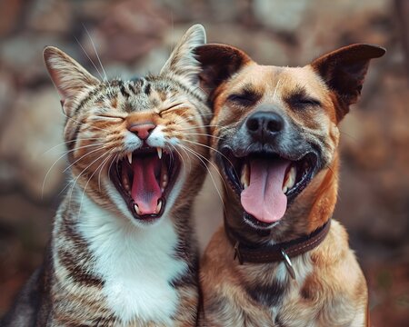 A dog and a cat are yawning together.The dog is a large, brown Labrador Retriever, and the cat is a small, tabby cat. Their mouths are wide open.