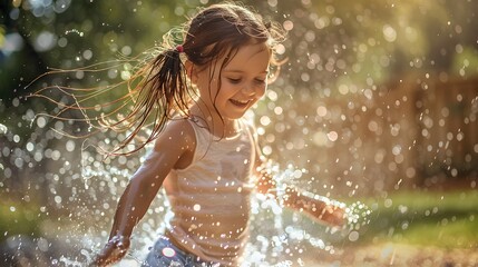 Obraz premium Funny laughing little girl running though garden sprinkler playing with water splashes in the backyard on a sunny hot summer vacation day. 