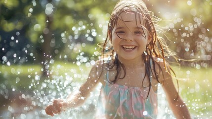 Obraz premium Funny laughing little girl running though garden sprinkler playing with water splashes in the backyard on a sunny hot summer vacation day. 