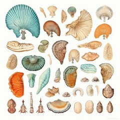 Fossils Set, Archeologic Fossil Dig Collection Isolated, Fossilized Prints of Prehistoric Plants and Animals