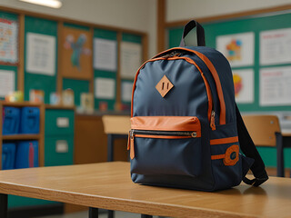 View of bookbag in school classroom on top view background. Ai generative
