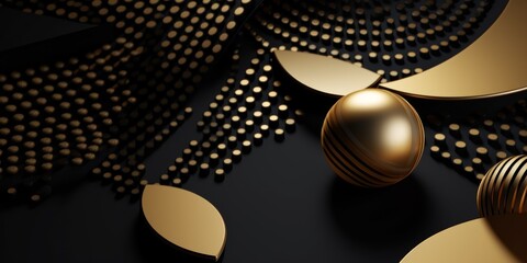 Golden geometric shapes on black background, abstract modern design concept, 3D wallpaper