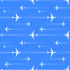 Beautiful white planes against the blue sky. Seamless pattern, print, vector illustration