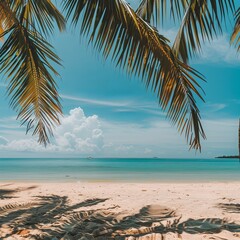 Fototapeta premium Summer travel poster banner display podium with sand and summer beach scene design background. Generative AI