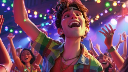 Obraz premium Enthusiastic Young Man Singing at Karaoke Bar with Cheering Friends Under Vibrant Lights