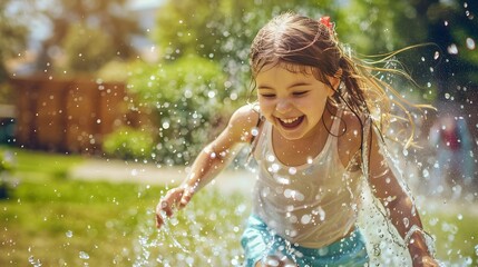 Obraz premium Funny laughing little girl running though garden sprinkler playing with water splashes in the backyard on a sunny hot summer vacation day. 