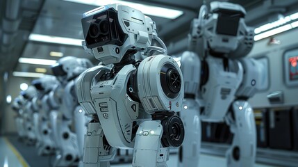 Fototapeta premium A cutting-edge military robotics lab with advanced prototypes, photorealistic, emphasizing innovation and future technology.