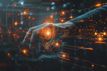 Close-up hand that touches on digital, IoT, AI chatbot technology, smart devices, VPN cybersecurity.