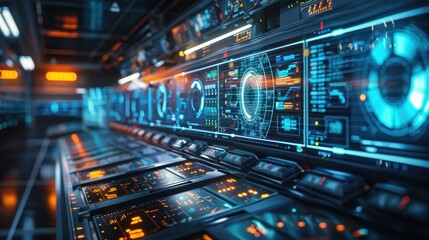 Obraz premium A futuristic depiction of a digital twin system monitoring steel production, sci-fi style, in a high-tech control room, showcasing precision and technology.