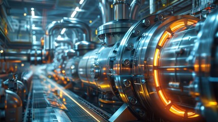 Fototapeta premium A futuristic depiction of a direct reduction plant using natural gas, sci-fi style, in a high-tech facility, showcasing clean and efficient processes.