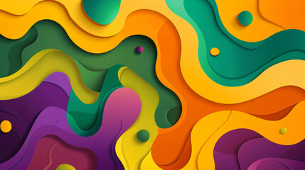 Abstract background with colorful shapes and curves in yellow, orange, purple and green colors. 