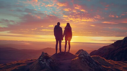 Fototapeta premium Couple holding hands at sunset on mountain top, enjoying breathtaking view of horizon and colorful sky