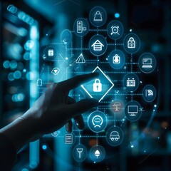 Finger pointing towards glowing digital icons representing various marketing platform Digital Marketing Concept  