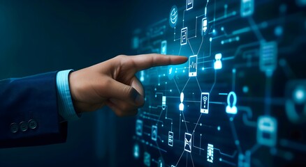 Finger pointing towards glowing digital icons representing various marketing platform Digital Marketing Concept  