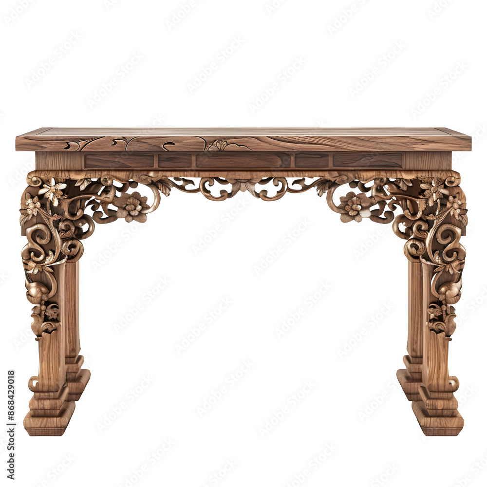 Poster elegant antique wooden table with intricate carvings, isolated on a transparent grid background