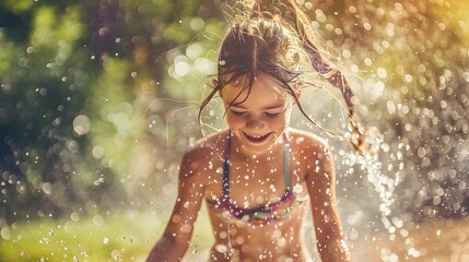 Obraz premium Funny laughing little girl running though garden sprinkler playing with water splashes in the backyard on a sunny hot summer vacation day. 