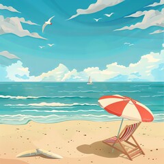 Summer travel poster banner display podium with sand and summer beach scene design background. Generative AI