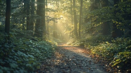 Obraz premium A tranquil forest path with dappled sunlight filtering through the trees, inviting a peaceful walk in nature