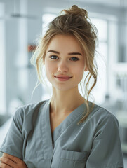 Fototapeta premium Caucasian woman nurse looking at camera. Portrait of medical worker