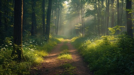 Obraz premium A tranquil forest path with dappled sunlight filtering through the trees, inviting a peaceful walk in nature