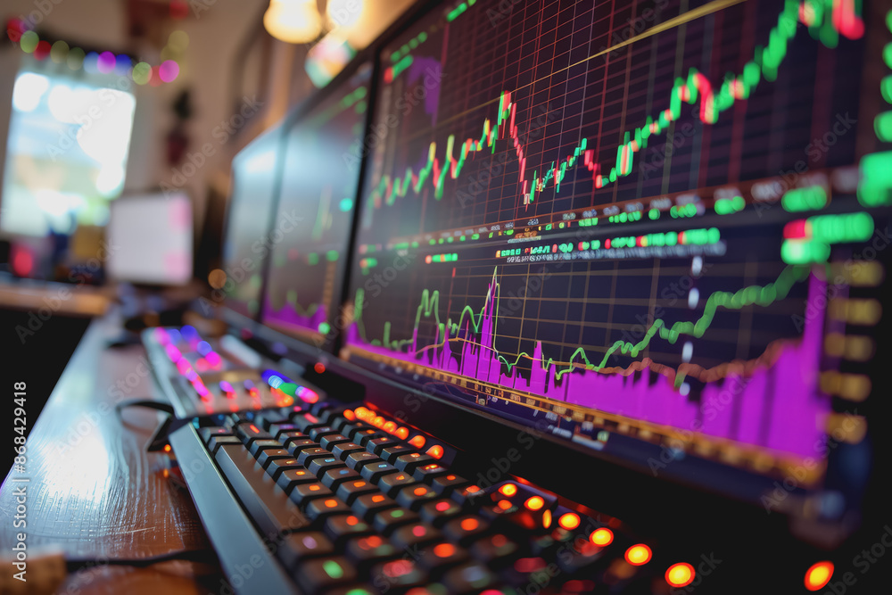Poster screenshots of interactive quizzes or stock market graphs showing progress and success