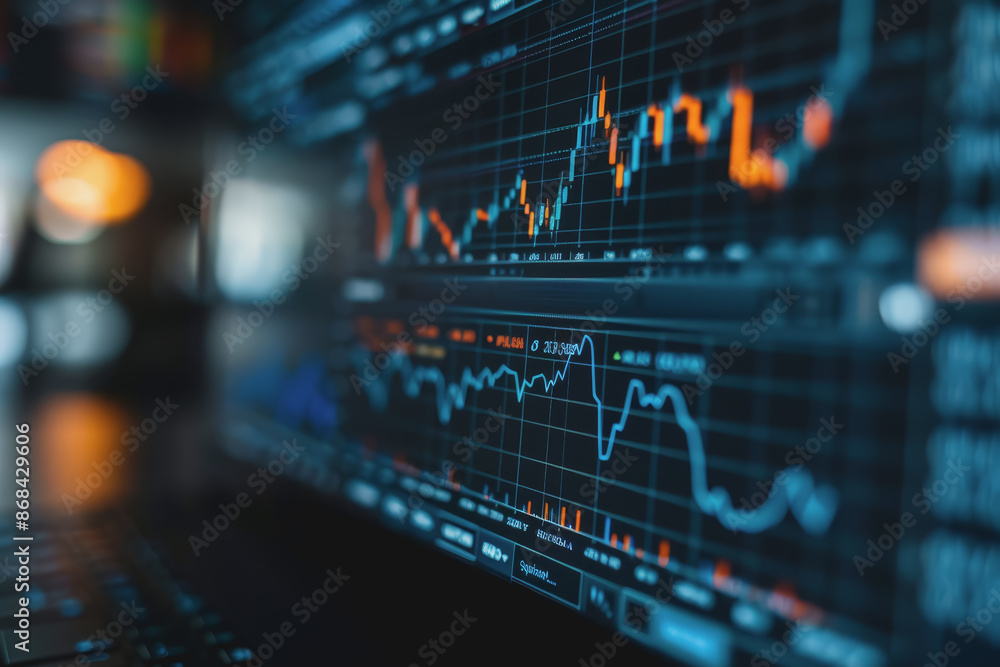 Poster screenshots of interactive quizzes or stock market graphs showing progress and success
