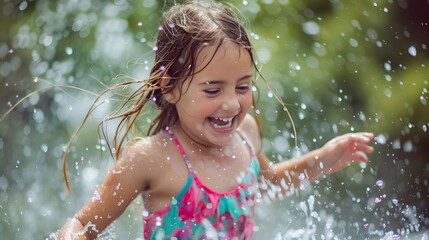 Fototapeta premium Funny laughing little girl running though garden sprinkler playing with water splashes in the backyard on a sunny hot summer vacation day. 