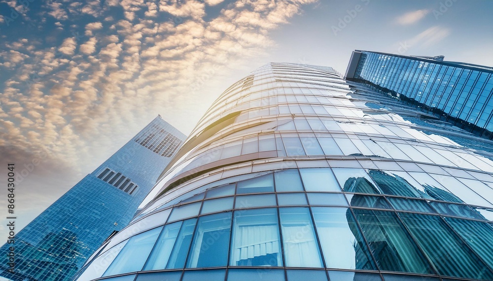 Poster low angle view of futuristic architecture, skyscraper of office building with curve glass window