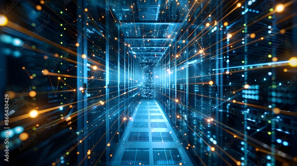 Poster an ultra-modern data center with rows of advanced servers, glowing blue lights, and intricate networ
