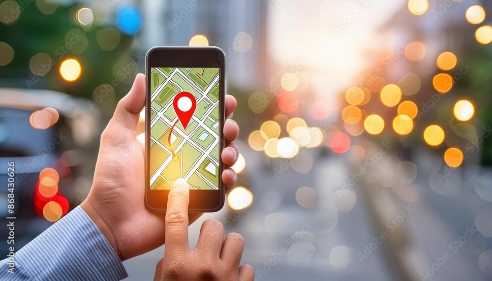 Poster man hand using smartphone with gps navigator map icon on blur street background.