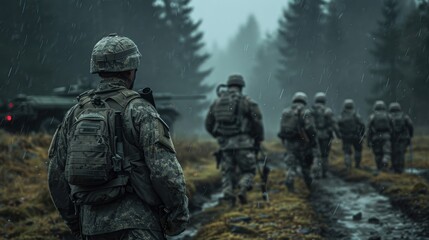 Fototapeta premium A military procurement process with various defense contractors, photorealistic, emphasizing negotiation and selection.