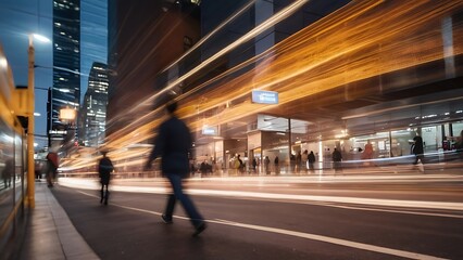 Moving crowd of people on a busy city street with long exposure