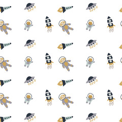 Childrens adventure pattern with cute galaxy elements. Space animal characters endless background in scandinavian style. Hand drawn childish design for textile, nursery clothes, boys room wallpaper.