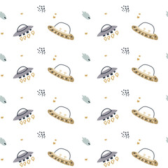 Childrens adventure pattern with cute galaxy elements. Space animal characters endless background in scandinavian style. Hand drawn childish design for textile, nursery clothes, boys room wallpaper.