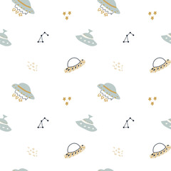 Childrens adventure pattern with cute galaxy elements. Space animal characters endless background in scandinavian style. Hand drawn childish design for textile, nursery clothes, boys room wallpaper.