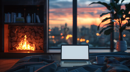 Obraz premium modern hotel interior fireplace with laptop with blank white screen on bed, cup of coffee, wide window and evening cityscape