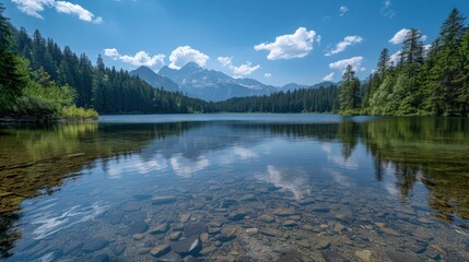A serene mountain lake with clear water, surrounded by trees and reflecting the blue sky