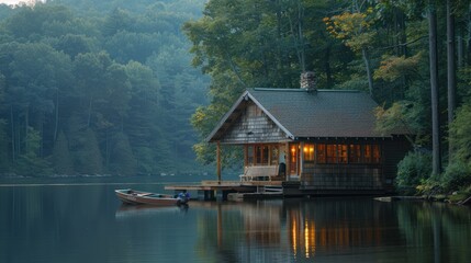 Fototapeta premium A serene lakeside cabin with a dock and boat, soft light daylight,