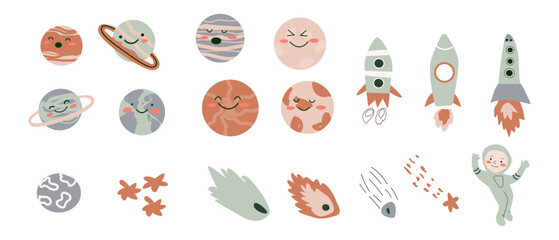 Space bundle. Cosmic objects and child astronaut. Galaxy elements collection. Cute stellar, planets stickers set.