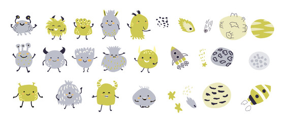 Space bundle. Cosmic objects and childrens animal characters. Galaxy elements collection. Cute stellar stickers set. Monsters or aliens big collection.