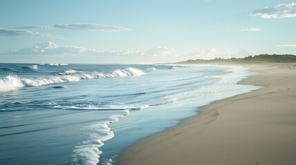 A serene beach scene with gentle waves and a clear blue sky,