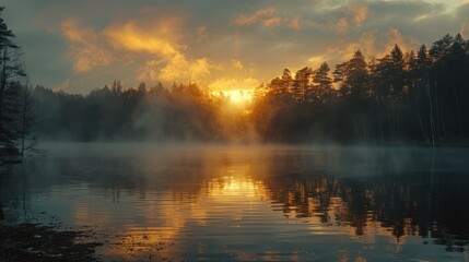 A serene lake at dawn, with mist rising from the water and the first light of day reflecting off the surface