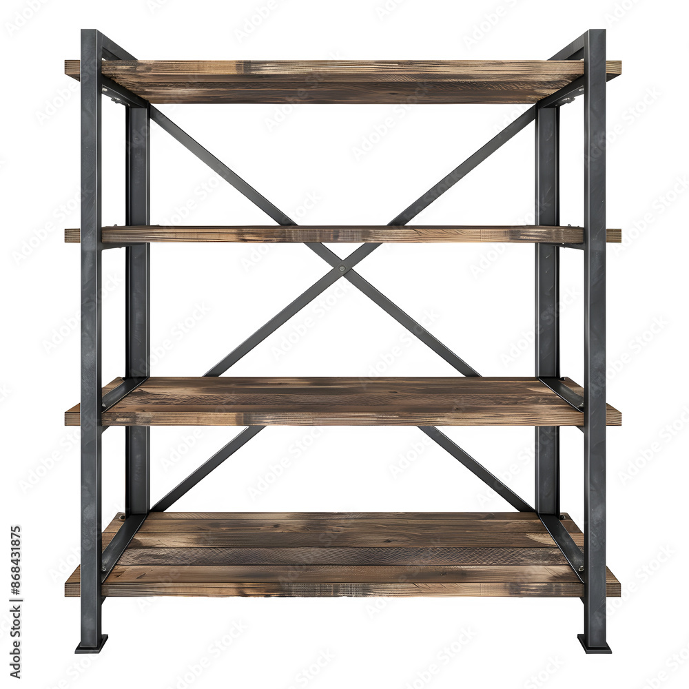 Poster 3d rendering of a functional wooden shelf with a metal frame, isolated with transparency