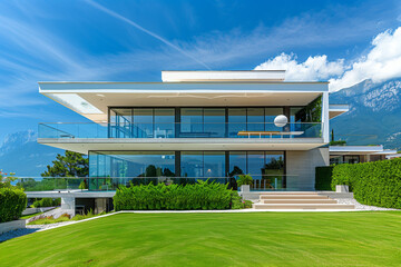 A stunning modern glass house featuring expansive windows, a lush green lawn, and a picturesque mountain view under a bright blue sky