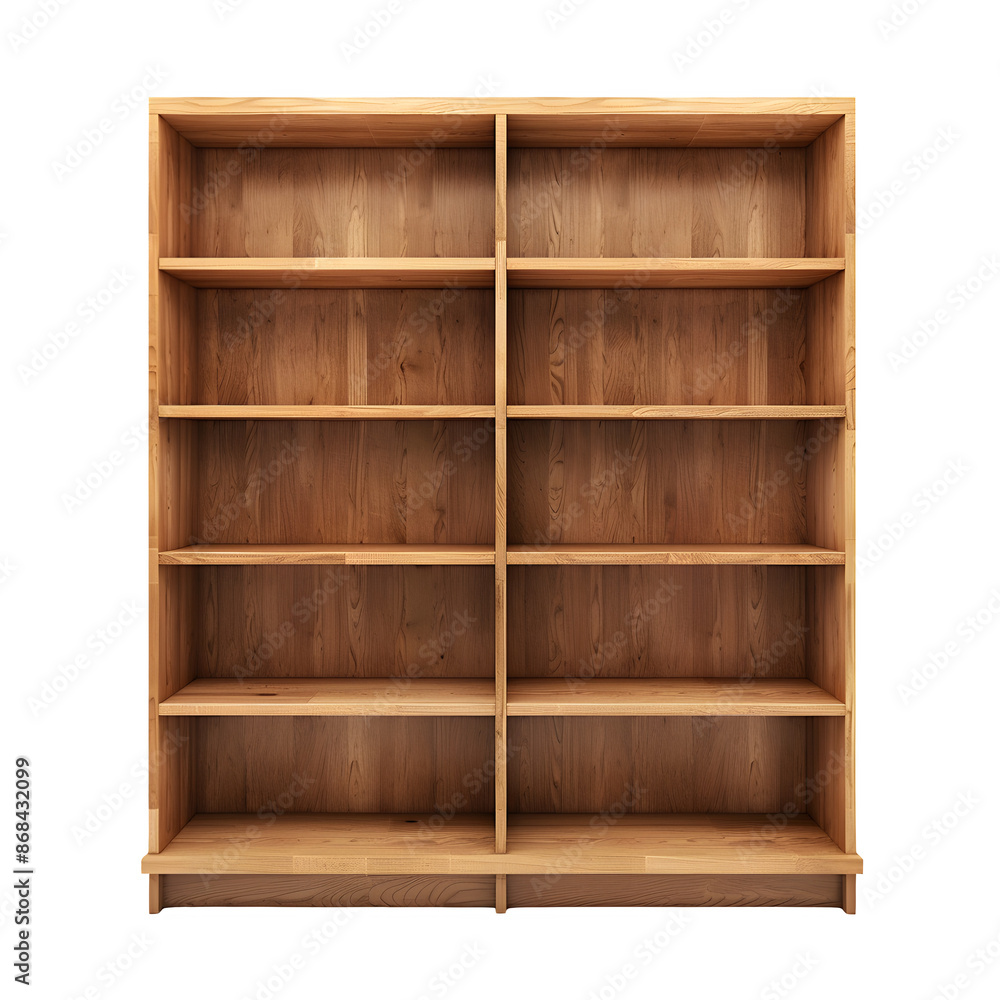 Aufkleber high-quality image of a versatile empty wooden bookshelf against a clear backdrop