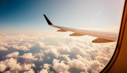 Obraz premium Traveling by plane. View of the wing and sky with clouds through the window. Concept of travel and airlines. Copy space.