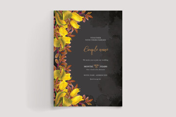 WEDDING INVITATION FRAME WITH FLOWER DECORATIONS AND FRESH LEAVES 