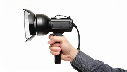 Hand holding professional studio flash strobe light for photography against white background, capturing lighting equipment detail.